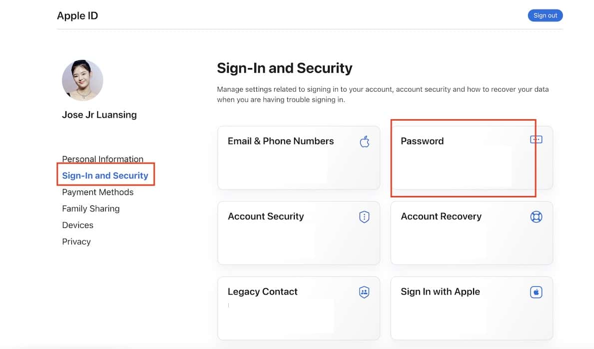 The Sign In and Security Section on Apple ID Website