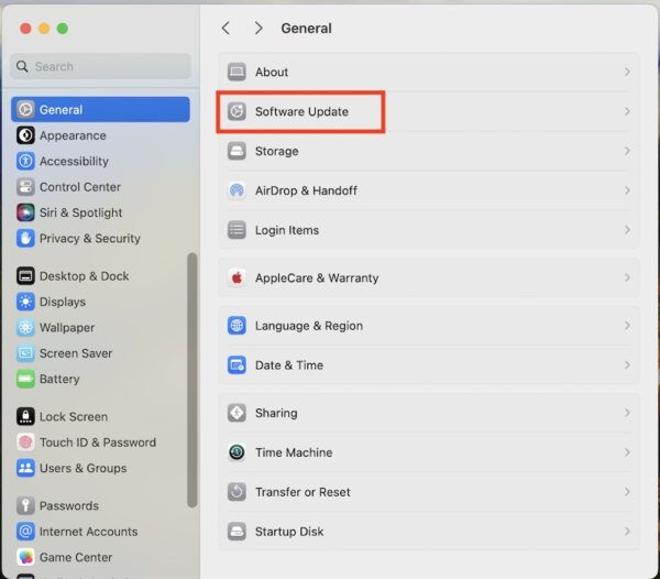 Opening the Software Update Section in Mac's General System Settings