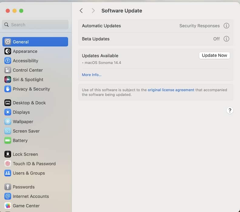 Clicking the Update Now Button on macOS Sonoma Update