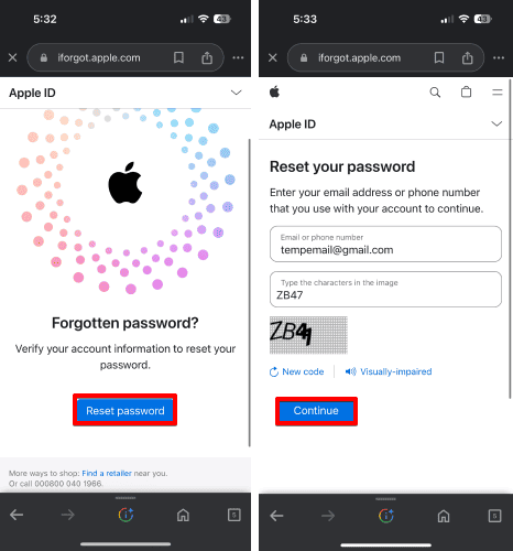 Tap Reset Password, Continue in iForgot