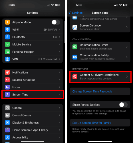 Tap Screen time, Content & Privacy Restrictions