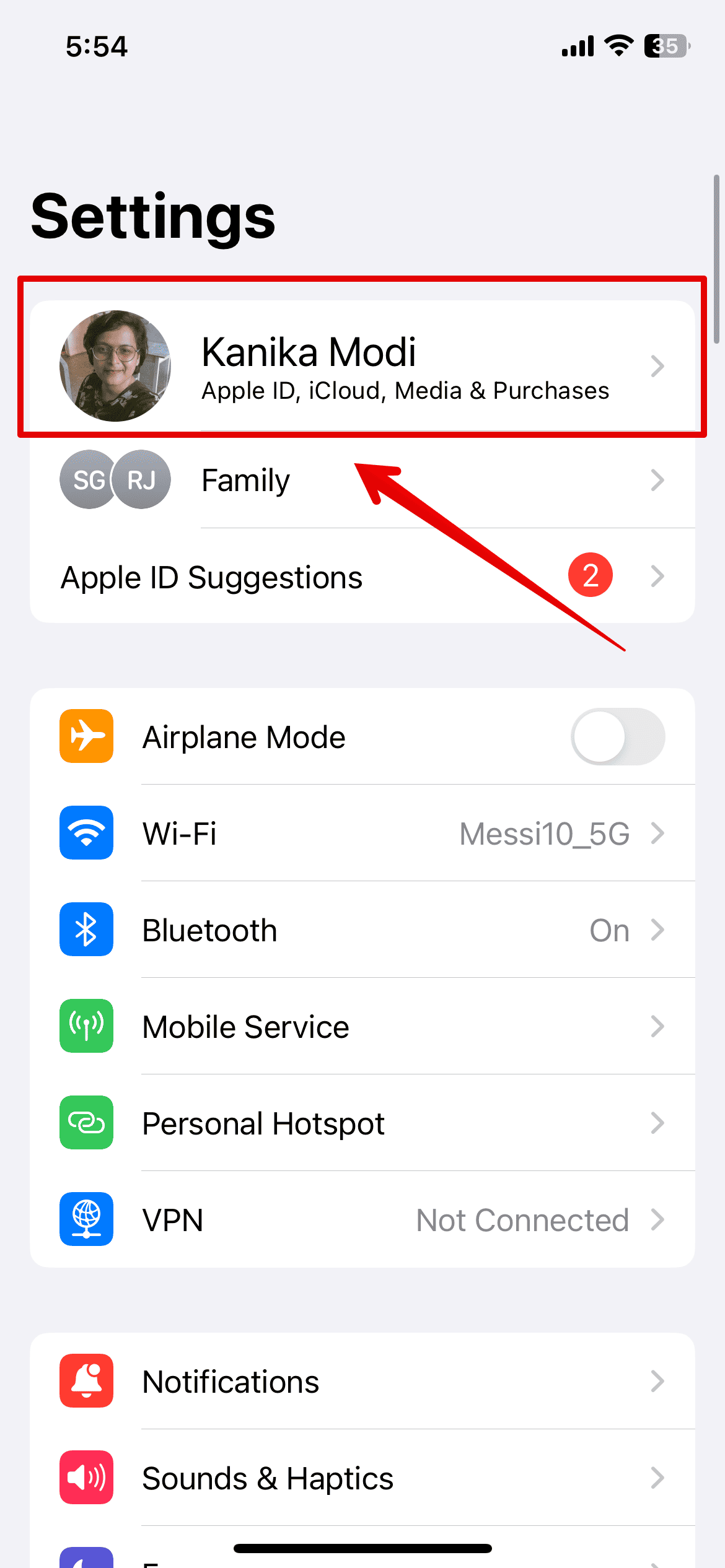 Tap on your name on Settings App