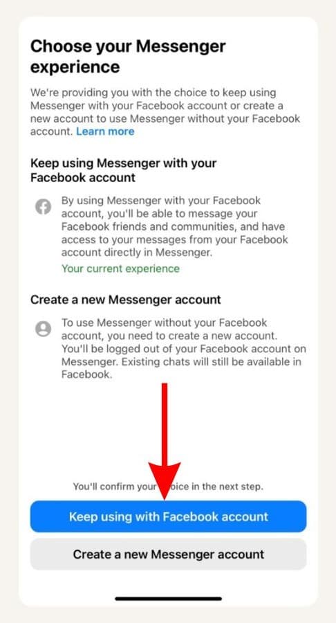 Tap the “Keep using with Facebook account” button To Fix Messenger Not Opening on iPad