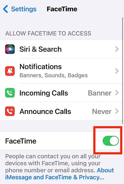 Toggle on the Button for FaceTime on iPhone