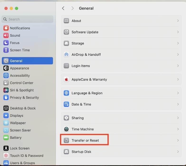 Opening Transfer or Reset Option on Mac