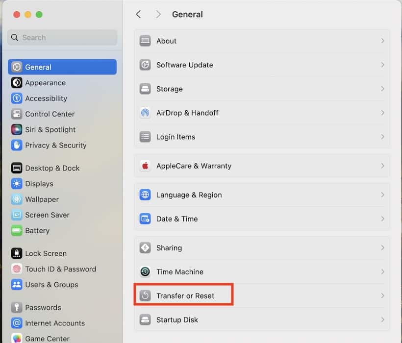 Opening the Transfer or Reset Option on Mac Settings