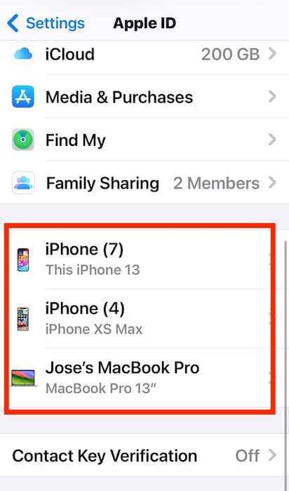 List of Trusted Devices on Apple ID Account iPhone