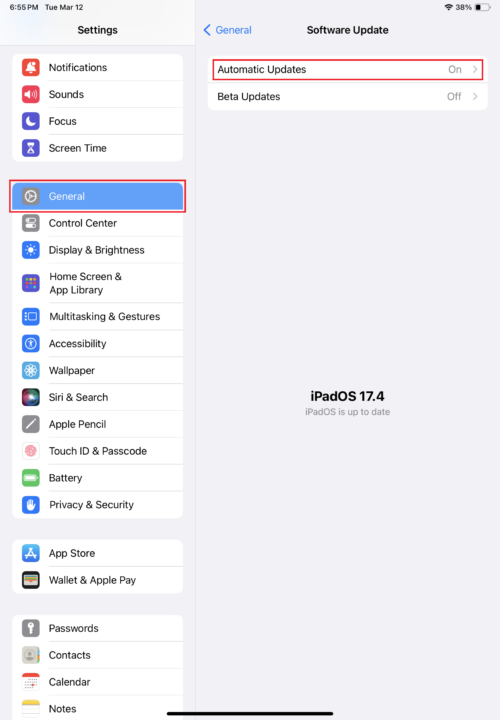 Turn on automatic updates in settings app iPad
