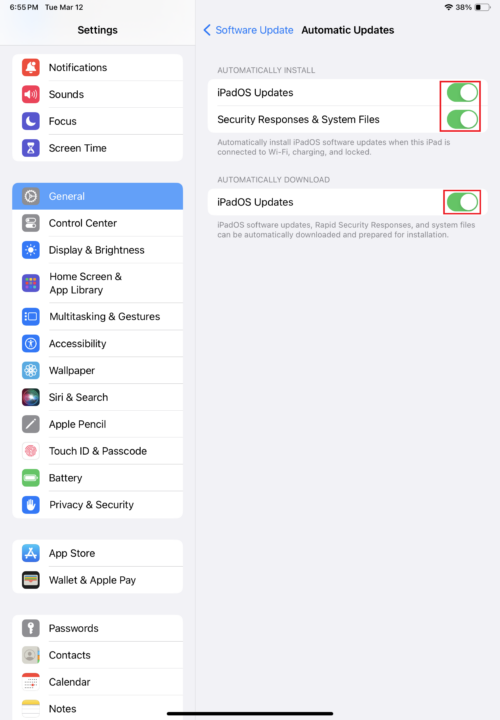 Turn on Automatic Updates in iPad Settings app