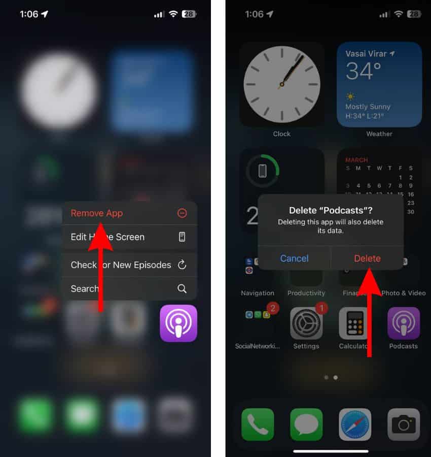 Uninstall Apple Podcasts app on iPhone