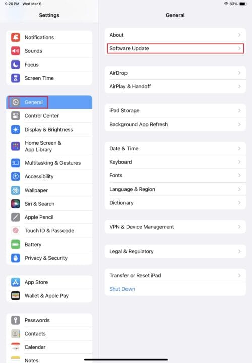 Update iPad menu in Settings app