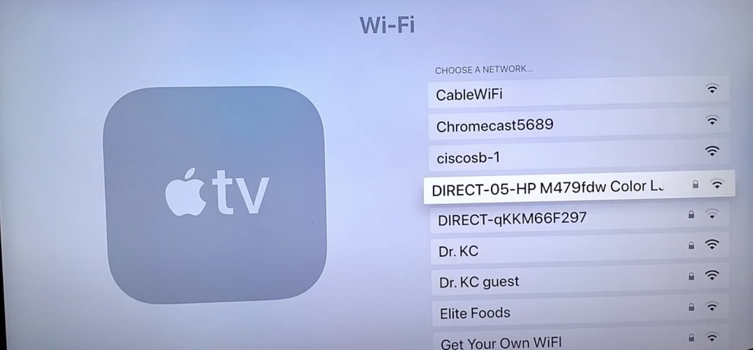 Selecting the Wi-Fi Network Names Settings on Apple TV