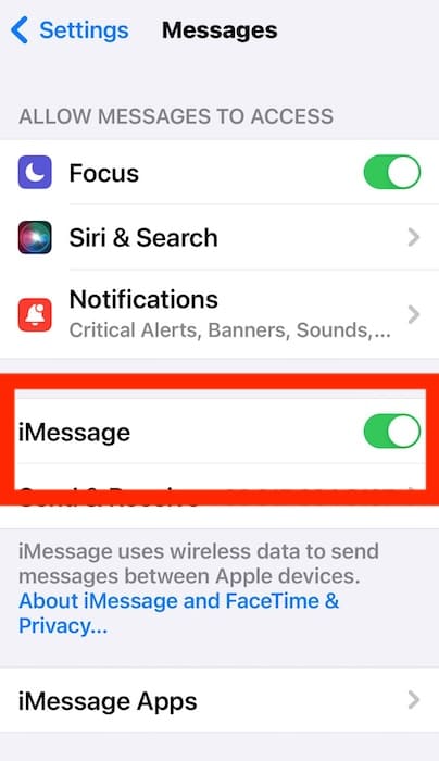 Adjusting the iMessage Toggle Button On and Off