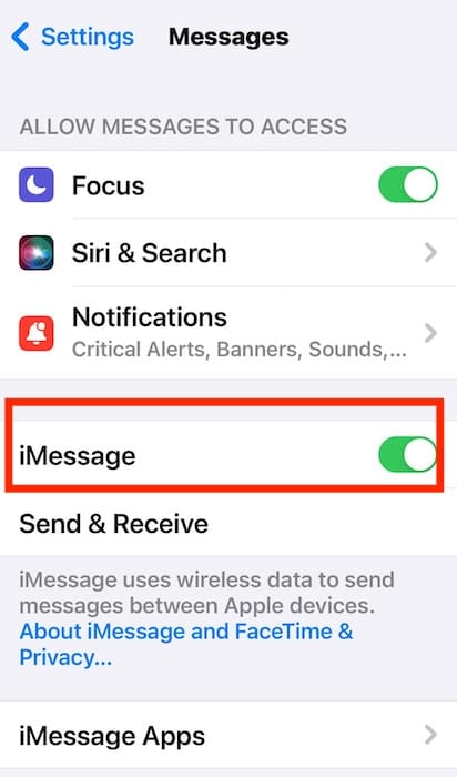 Toggle the iMessage Button On then Off