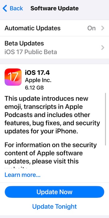 Download and Install the Stable Version of iOS 17.4