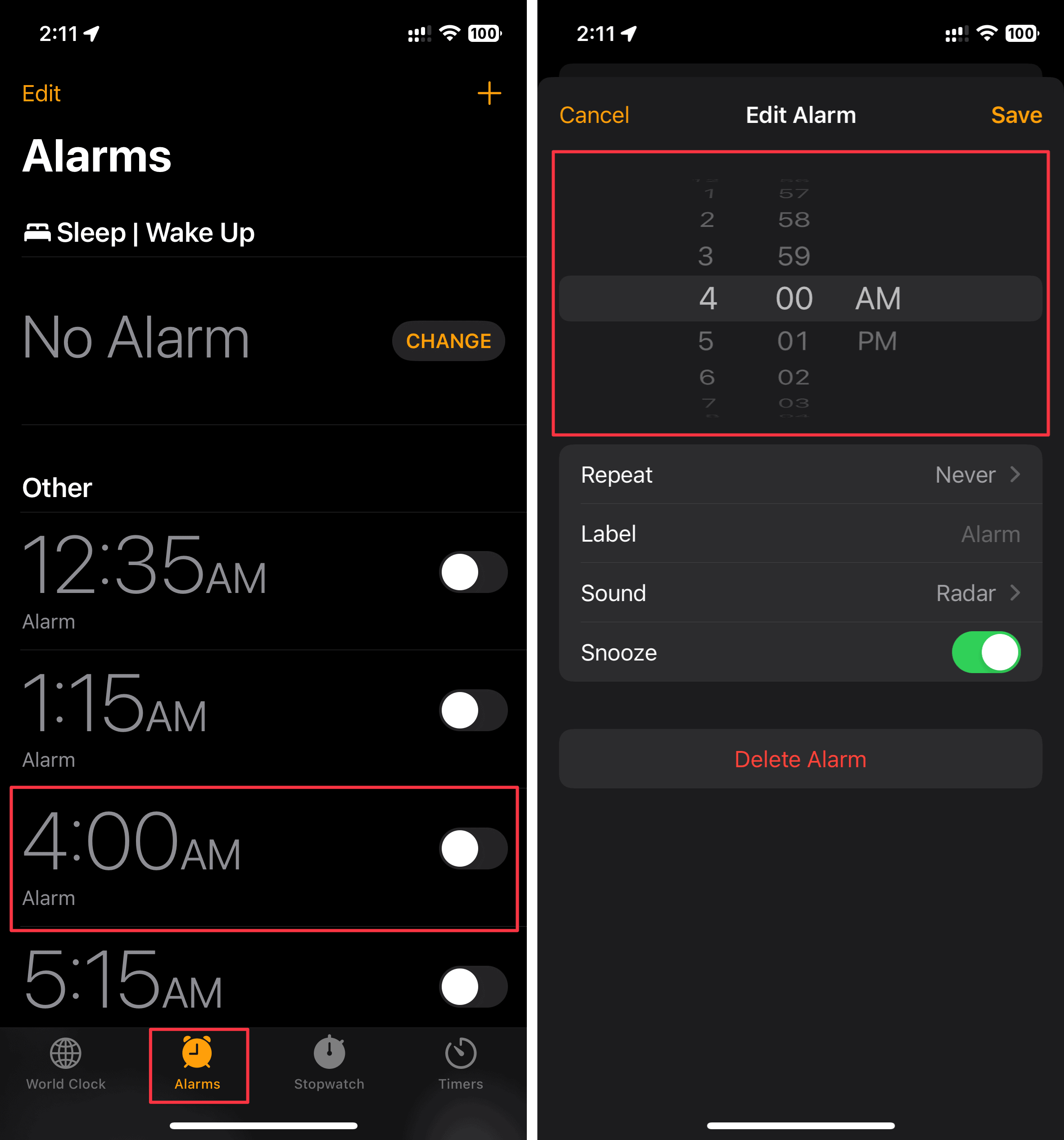 Adjusting the Alarm time in the Clock app