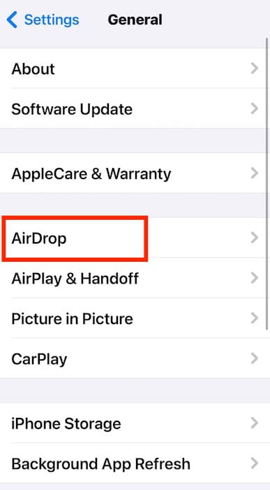 Click AirDrop Section on iOS Settings