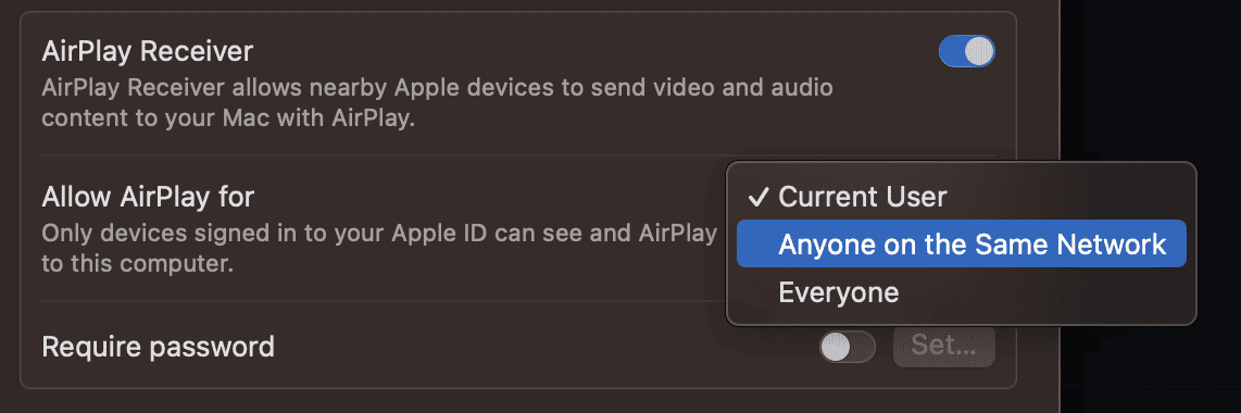 The macOS "Allow AirPlay For" Settings
