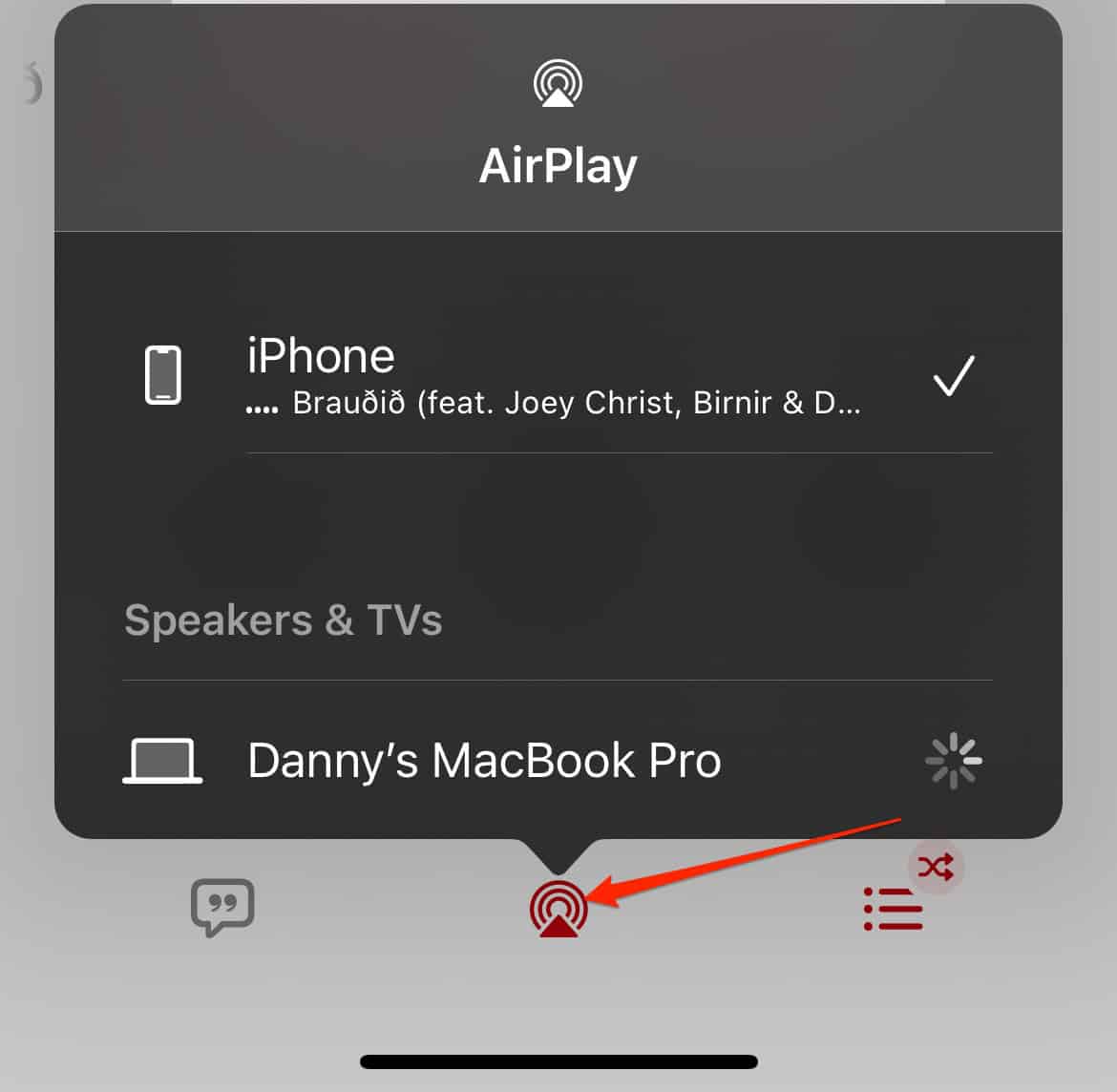 AirPlay Settings for Apple Music on an iPhone