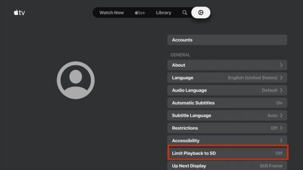 Selecting Apple TV Limit Playback to SD