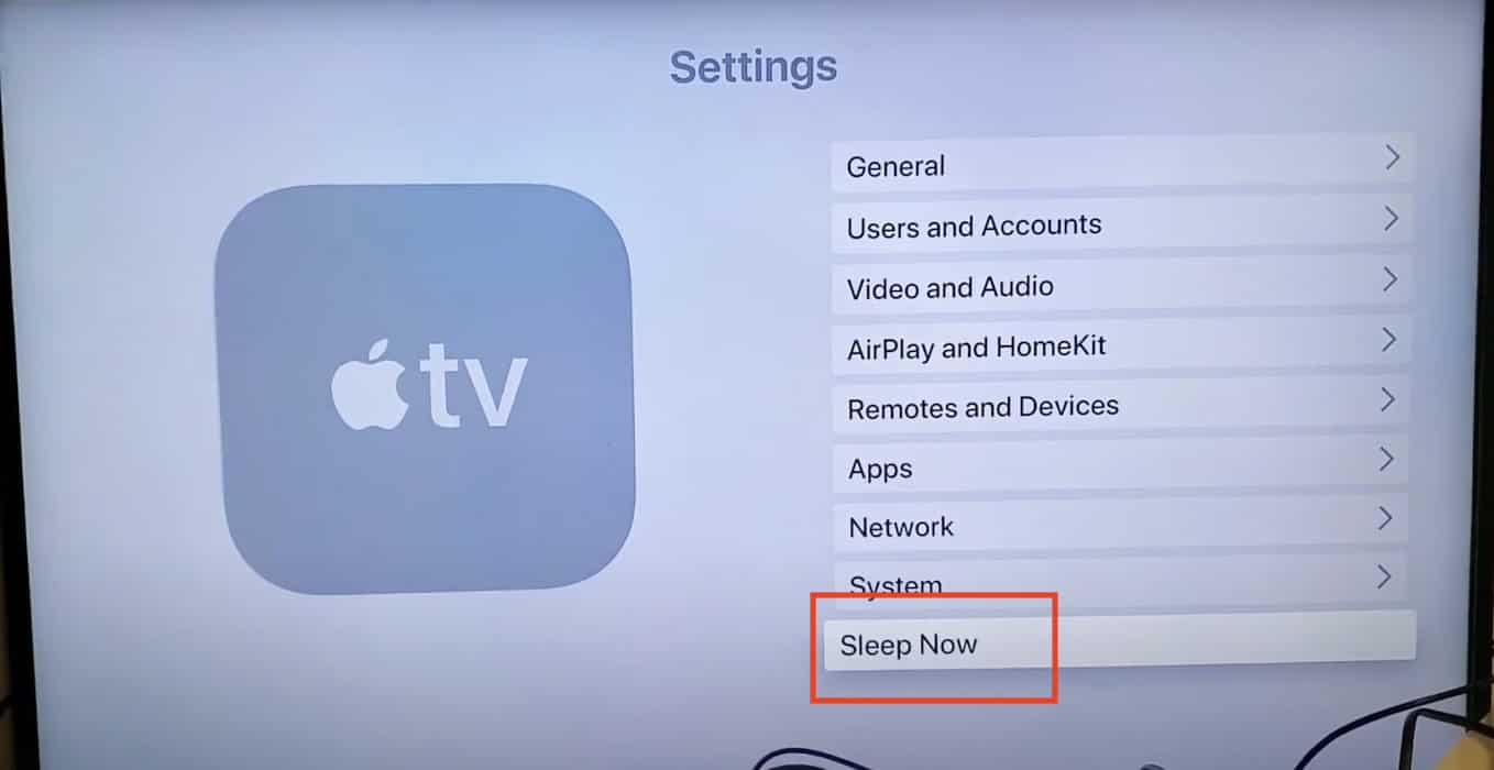Opening the Apple TV Settings Sleep Now