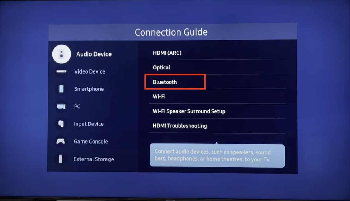 Opening Bluetooth Section in Samsung TV Connection Guide