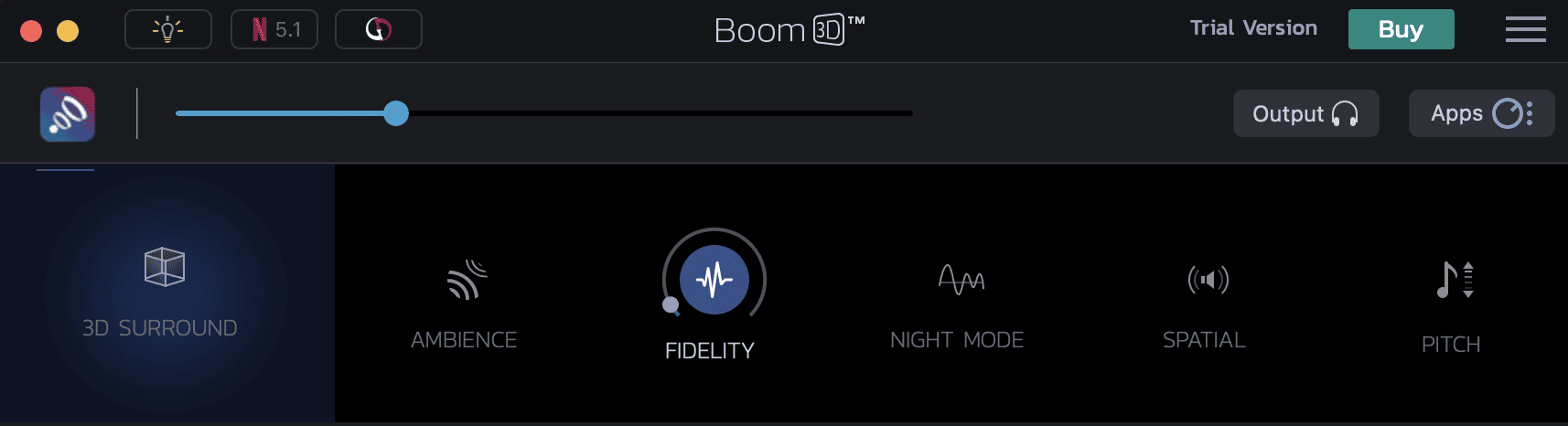 The Quick Sound adjustment settings in the Boom3D macOS app