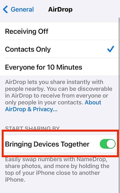 Toggle Bringing Devices Together iOS AirDrop