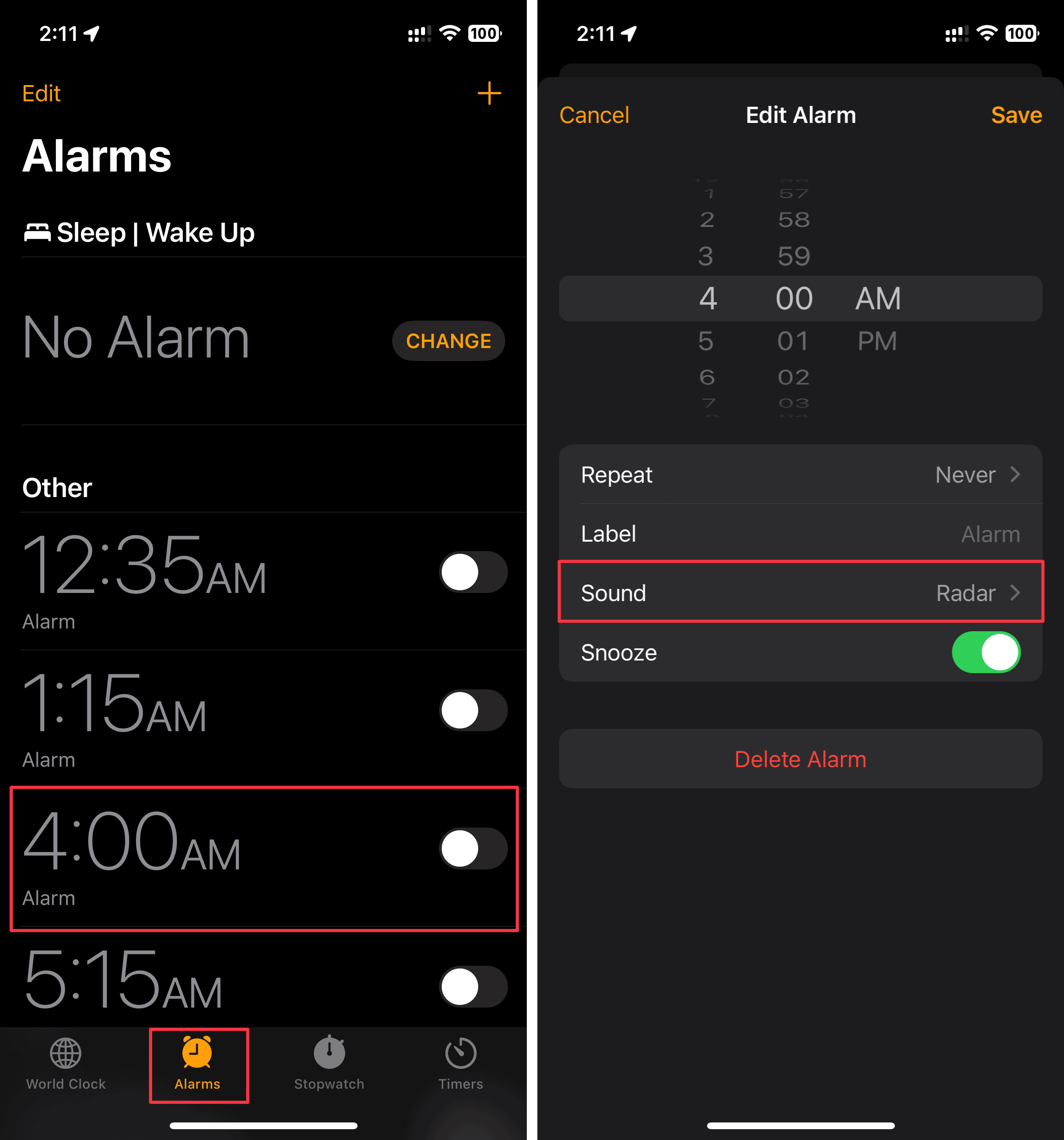 Changing alarm sound from the Clock app