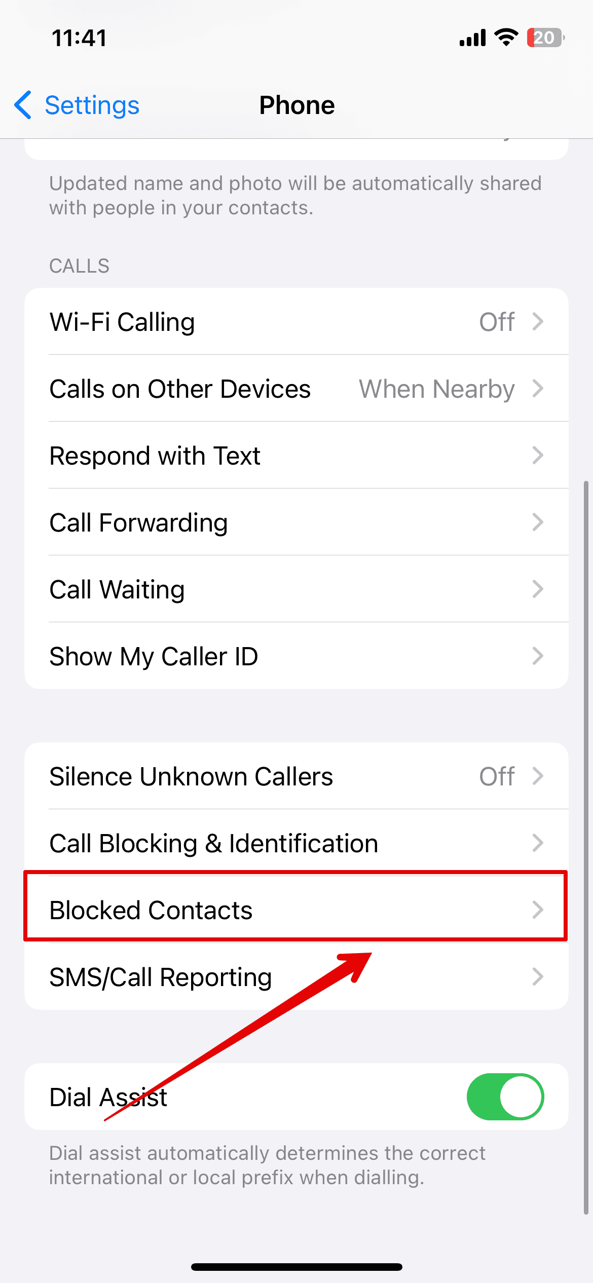 Check the list of Blocked Contacts
