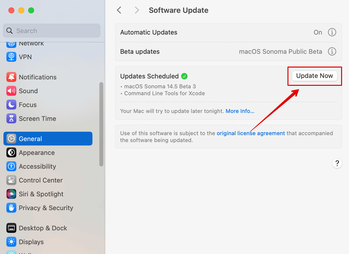 Click on Update Now macOS Sonoma Public Beta