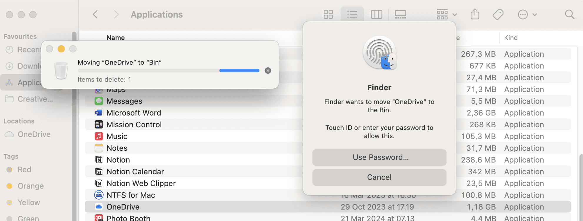 confirm that you want to delete an app in the finder app 