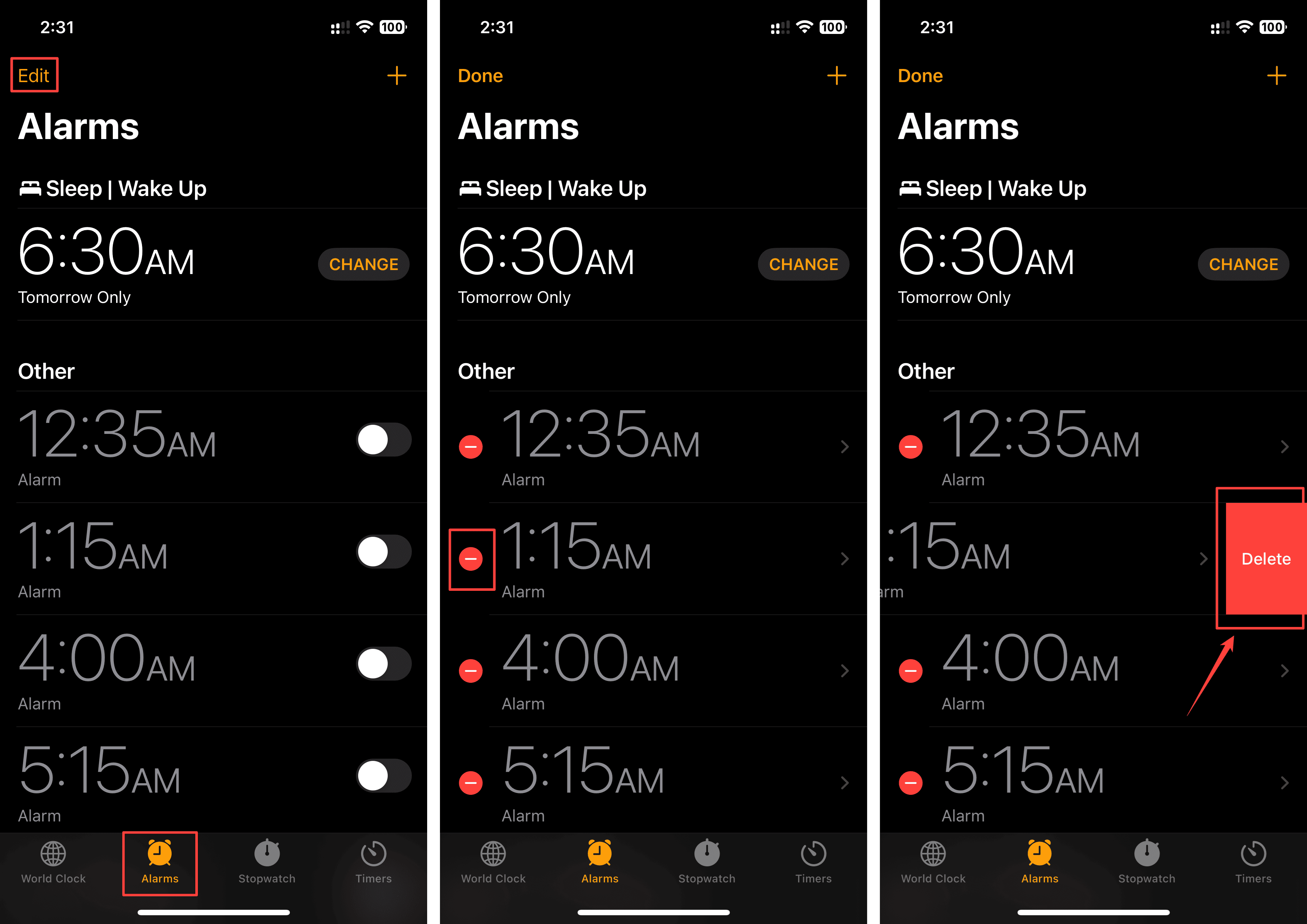 Deleting Alarm from the Clock app on iPhone
