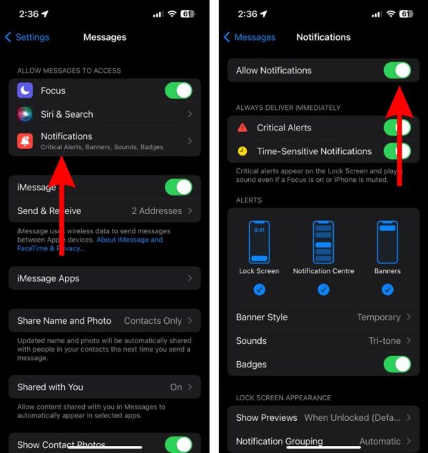 Enable Allow Notifications in Messages Settings