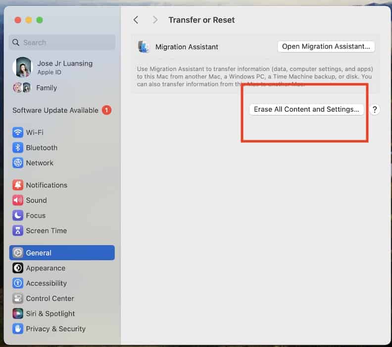Clicking Erase All Content and Settings on Mac