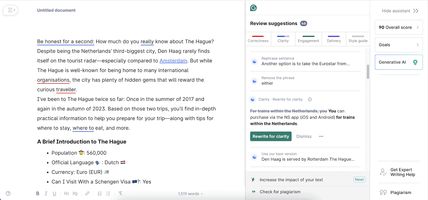 The Grammarly web app interface