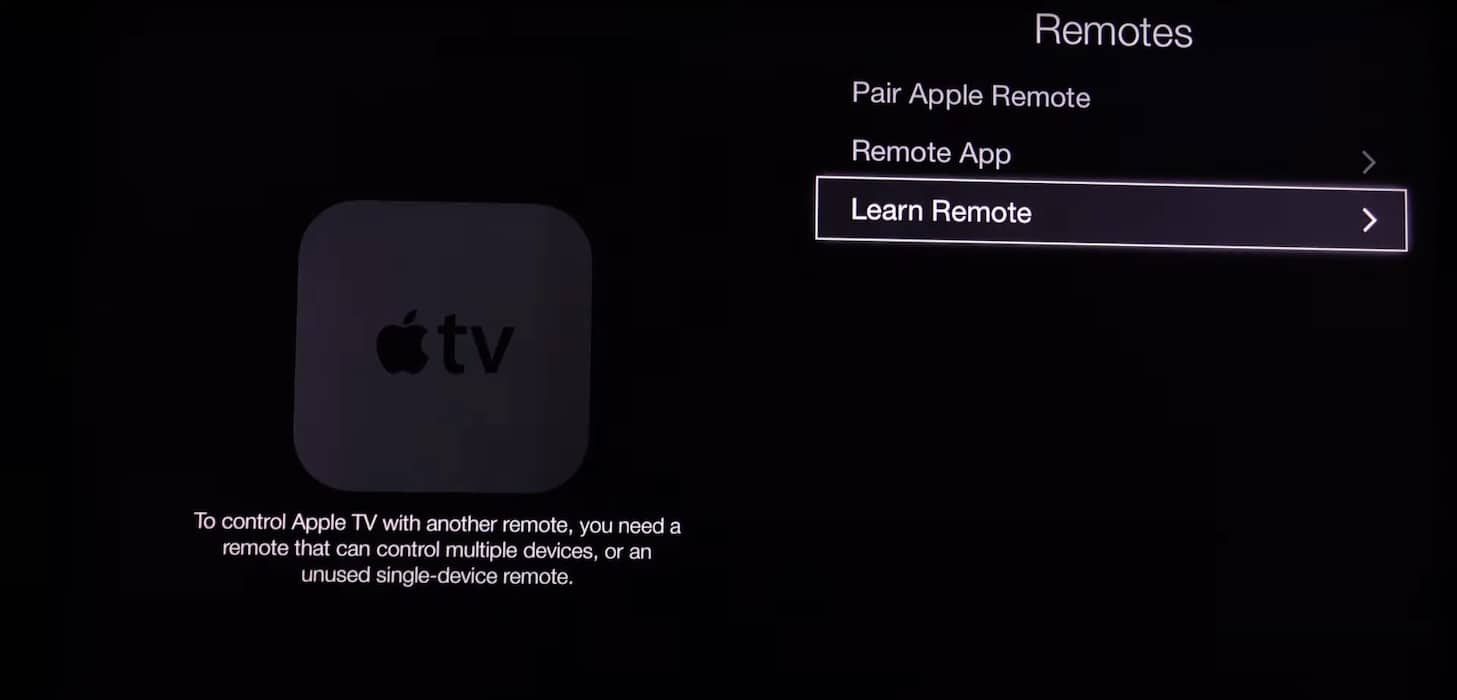 Clicking Learn Remote on Apple tvOS Settings