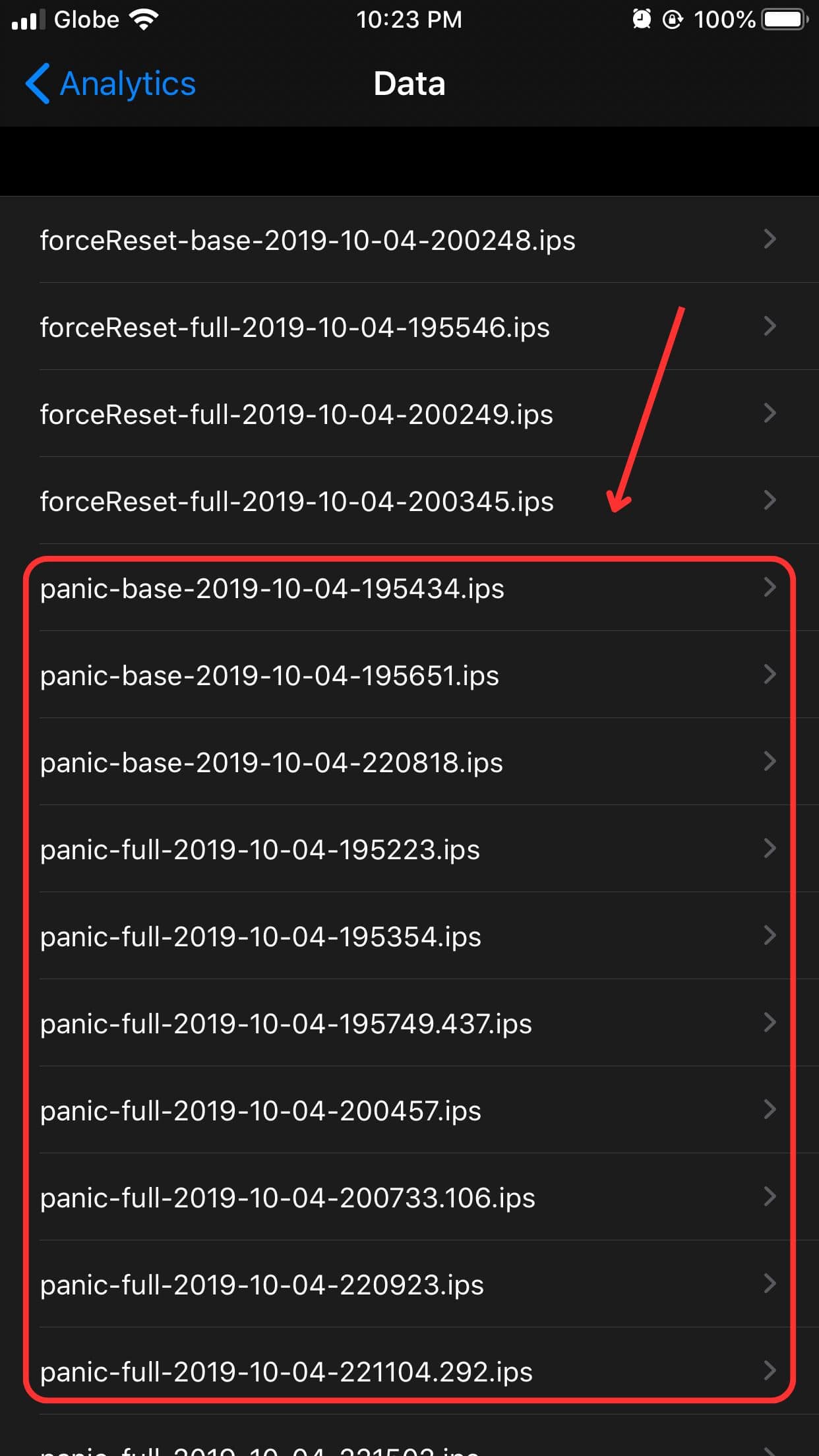 Panic Log Files iPhone