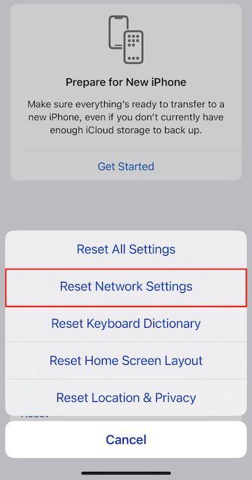 The reset network settings tab on an iphone 