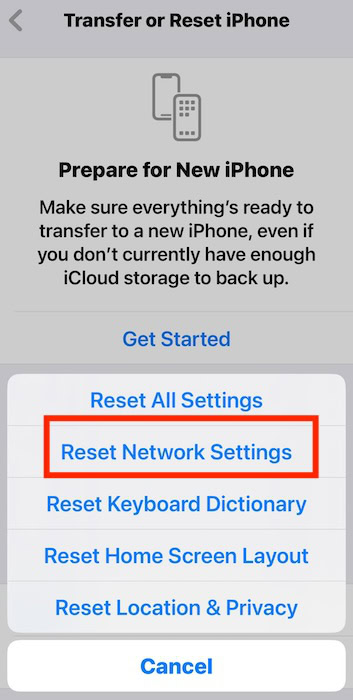 Clicking Reset Network Settings on iOS