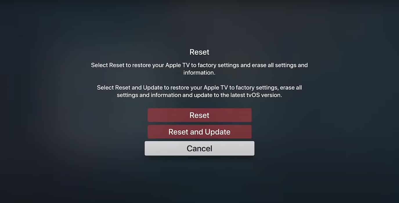 Selecting Reset and Update on Apple TV