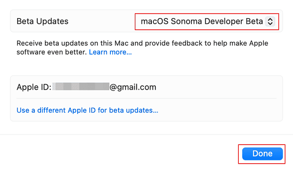 Select macOS Sonoma Developer Beta