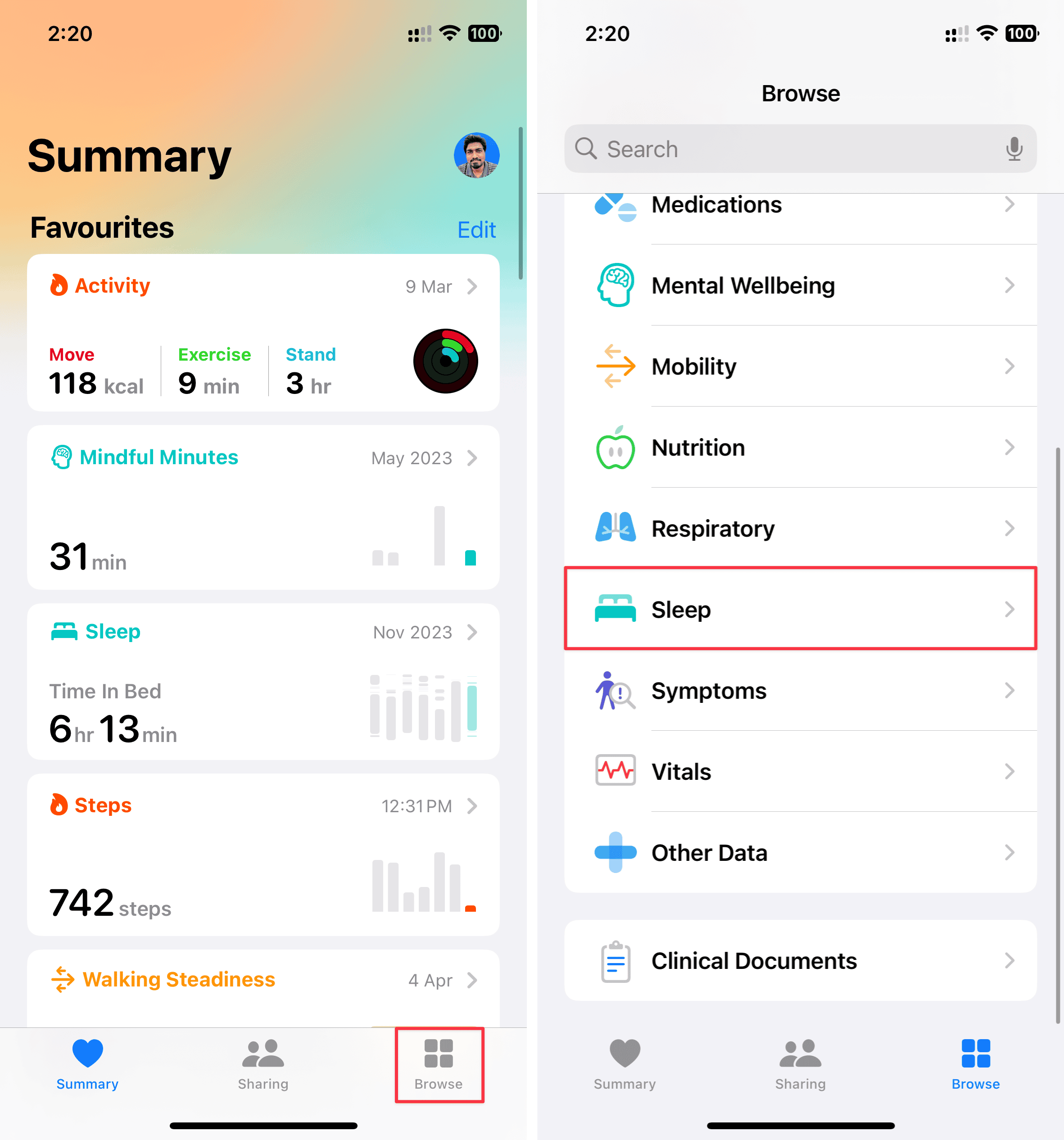 Sleep option in the Health app under Browse tab