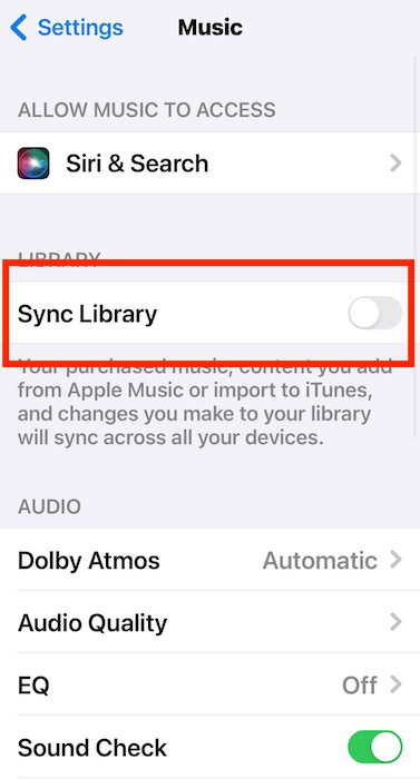 Selecting Sync Library on Music Settings