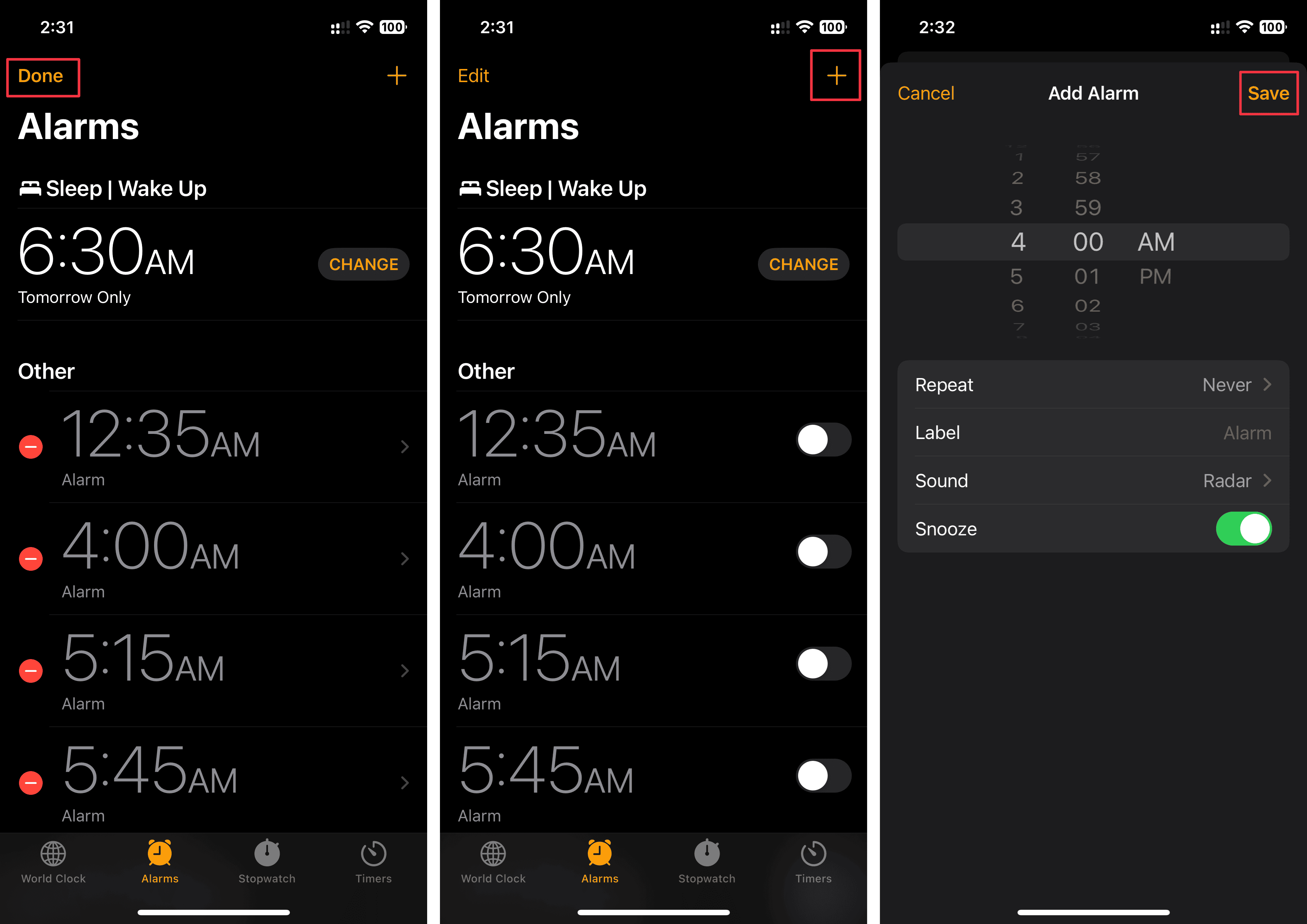 Tap Done and adding New Alarm