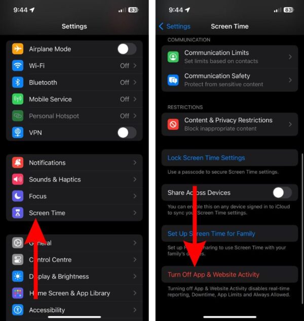 Tap Turn Off App and Website Activity in Screen Time Settings