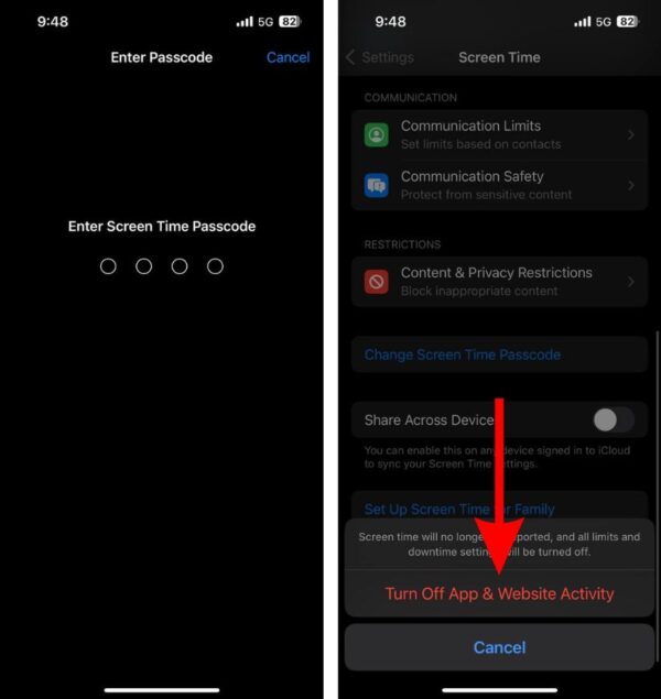 Tap the Turn Off App and Website Activity option to disable Screen Time and Sign Out of Apple ID