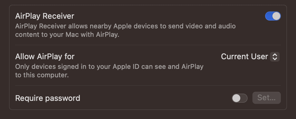 Toggle On AirPlay Receiver on Mac