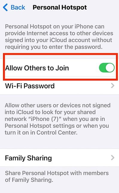 Tapping Toggle Button for Allowing Others to Join Hotspot
