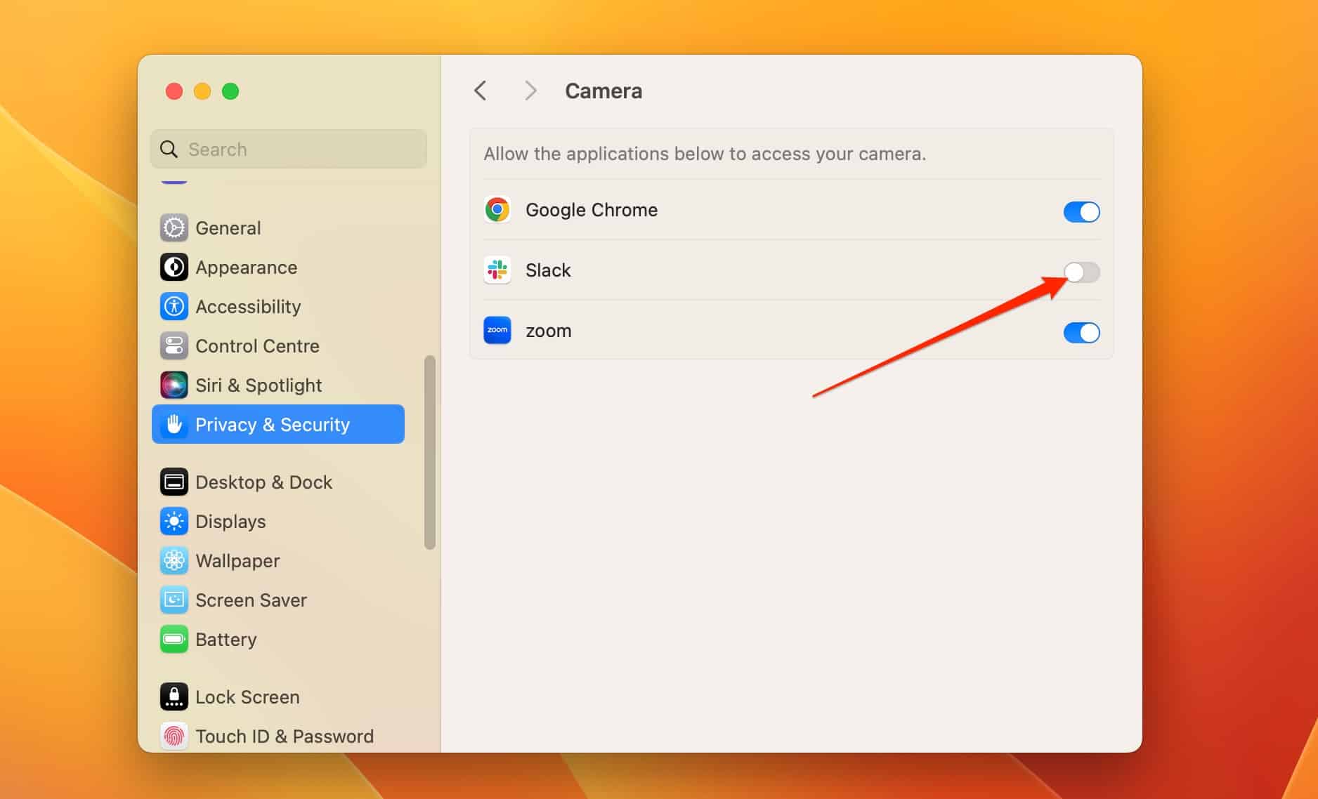 Toggle off your Mac camera settings in System Settings